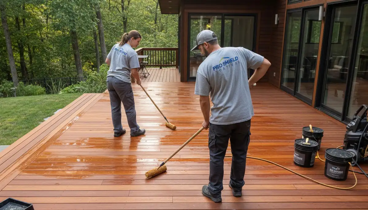 Plymouth, MA deck sealing service by painters protecting wood decks from weather and UV damage