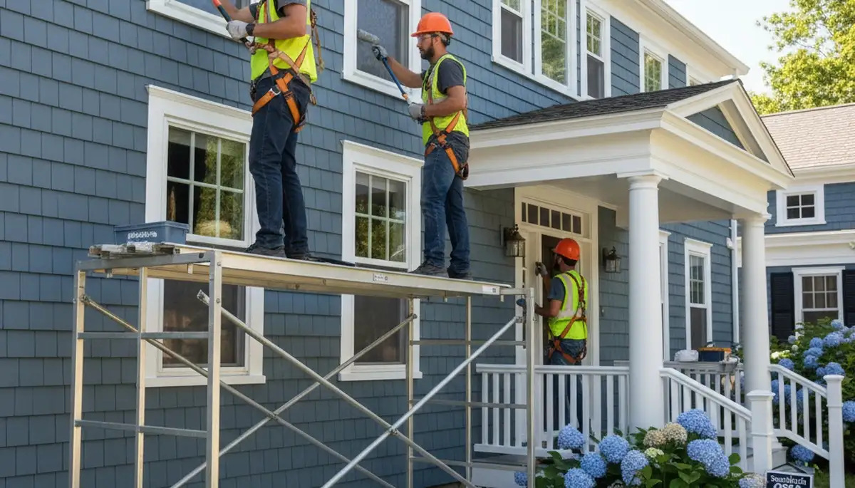 Painter in Plymouth, MA applying exterior house paint for a professional residential painting service